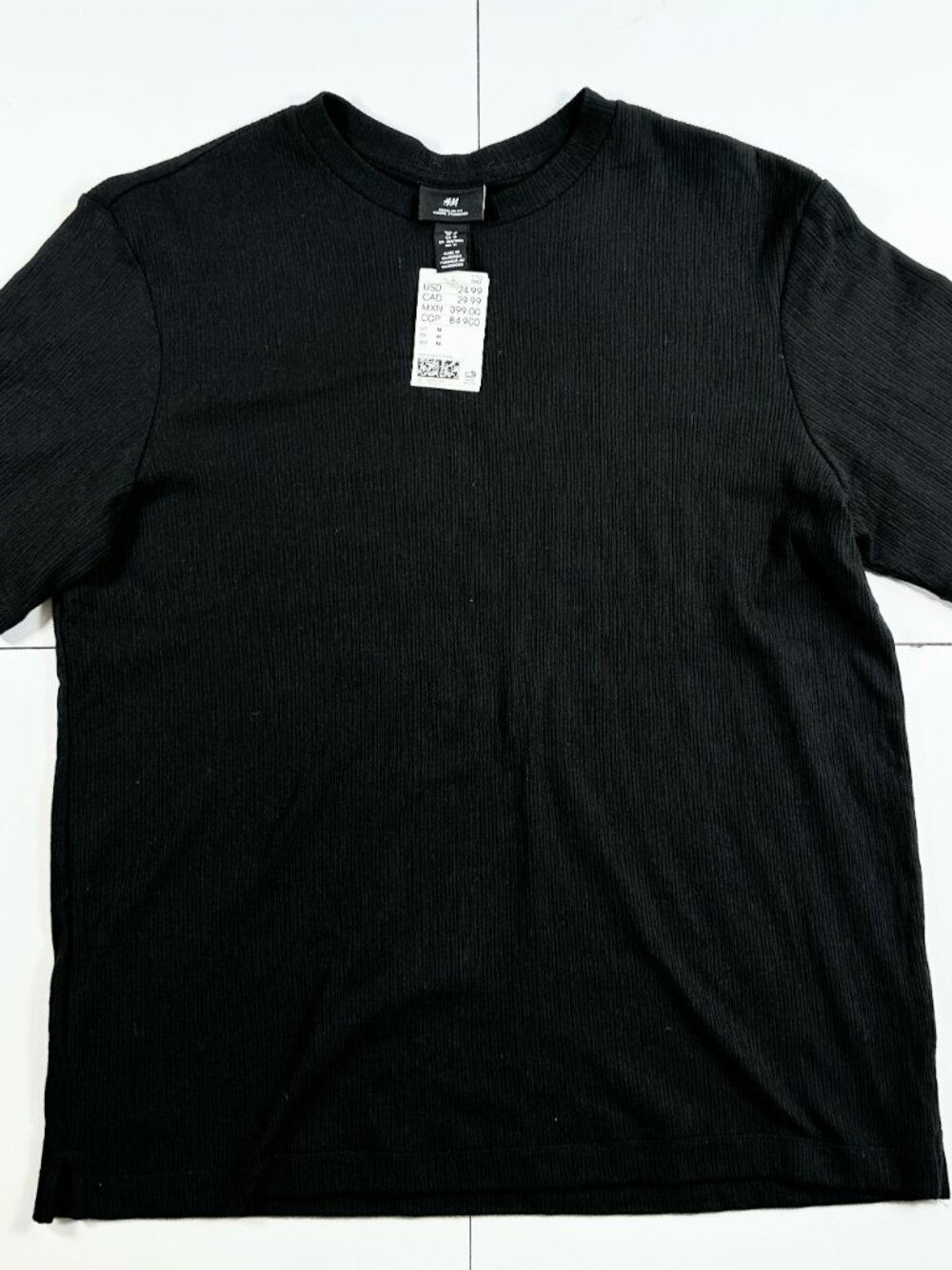 H&M Men's Medium Ribbed Knit Loose Fit Coupe Ample Solid Black T-Shirt NWT - Picture 2 of 16